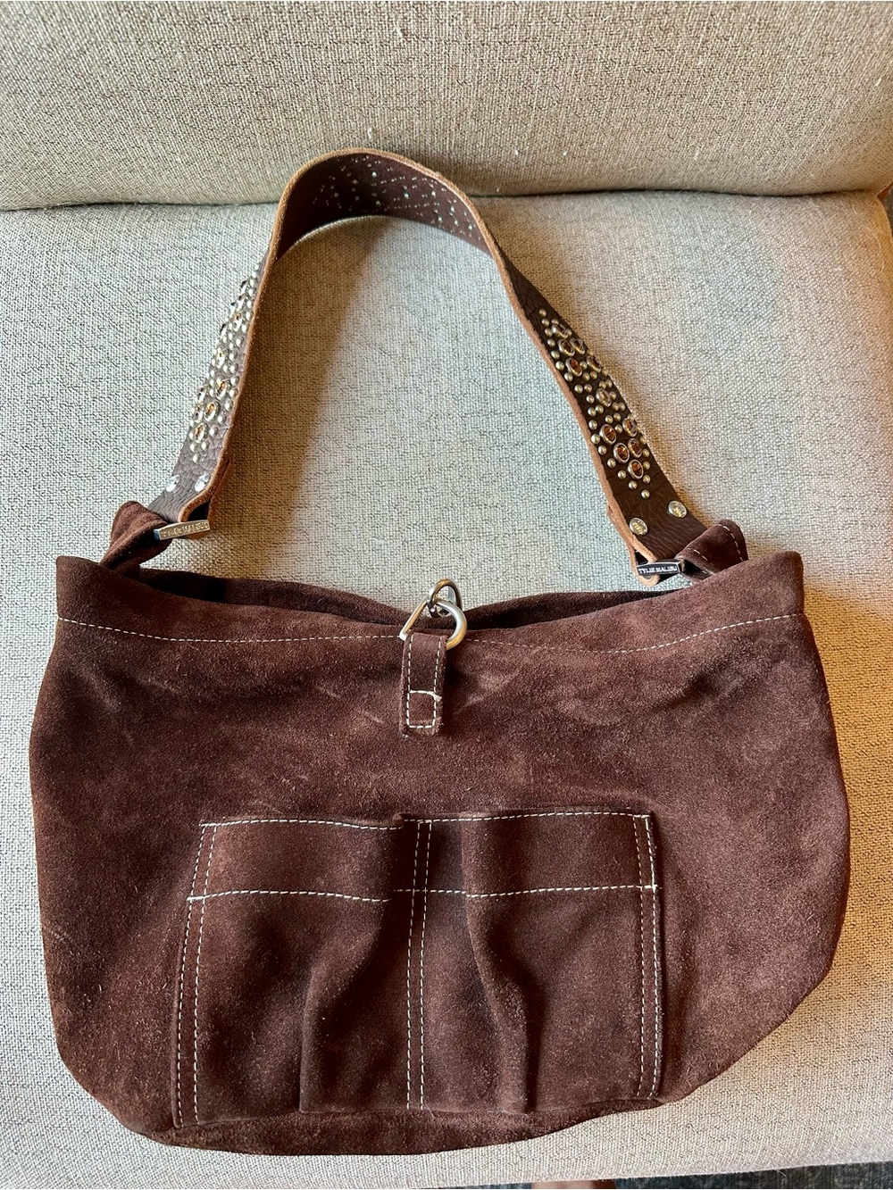 Tylie Malibu Iconic Y2K Brown Suede Shoulder Bag with Studded Strap